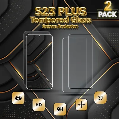 Promotional image for Samsung Galaxy S23 Plus tempered glass screen protectors.