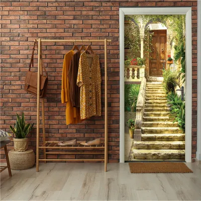Obrázek produktu pro Samolepicí tapeta na dveře 3D plakát ulička schody - 91x211 cm jednodílná - fototapeta na dveře obývací pokoj kuchyně koupelna samolepka na dveře fólie na dveře odolná proti UV záření připravená k montáži