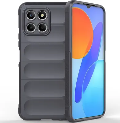 A dark gray phone case is shown next to a smartphone.