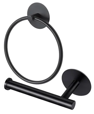 Image de Omgoods - Ensemble de 2 : porte-rouleau de papier toilette et porte-serviette - Noir - Accessoires de salle de bain en acier inoxydable adhésif