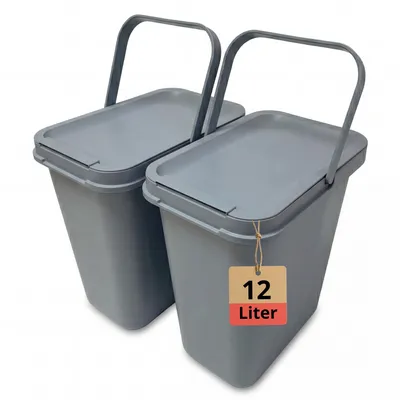 Produktbild von BigDean 2 Stück 12 Liter Mülleimer Grau mit Deckel Henkel und Mülltütenbefestitung.