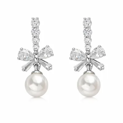 Produktbild von Perlen Ohrhänger mit Schleife & Zirkonia – Elegante Damen Ohrringe, J0783