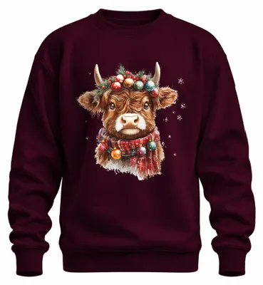Obrázek produktu pro Highland cow Vánoční věnec Vánoční ozdoby šála sněhové vločky uni mikina svetr, vínová, XXL