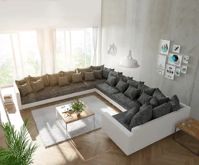 Produktbild von Couch Clovis XXL Weiss Schwarz mit Armlehne Ottomane Links Wohnlandschaft