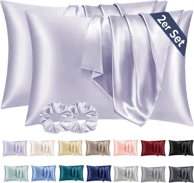 Imagen del producto de 2 fundas de almohada de satén, color lavanda, 50x70 cm, con 2 cintas para el cabello, ideales para el cuidado de la piel y el cabello