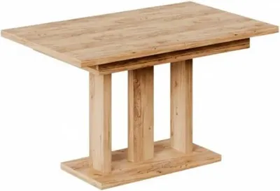 A wooden dining table with a pedestal base.