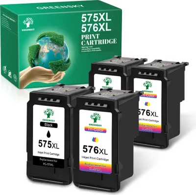 A box of printer ink cartridges with four cartridges displayed in front of it.