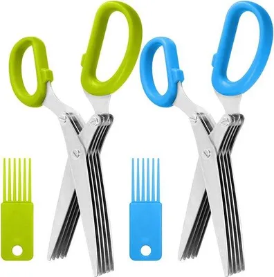 Imagen del producto de Tijeras de cocina Unyqoos® con 5 cuchillas de acero inoxidable, multifunción, con cepillo de limpieza, diseño ergonómico, robustas y afiladas – Juego de 2 unidades