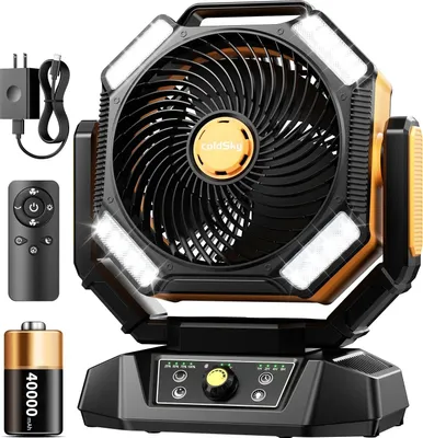 Obrázek produktu pro Přenosný ventilátor na baterie, 8 rychlostí větru, dvoubarevná LED svítilna, žlutá barva