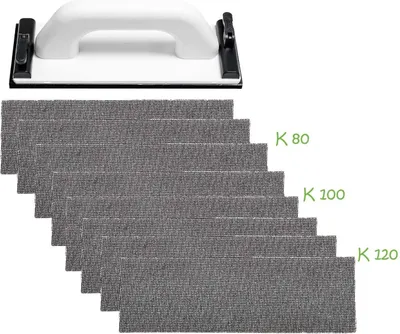 Obrázek produktu pro Ruční bruska + brusné pásy, různé velikosti zrnitosti 3 x 80 / 100 / 120 každý