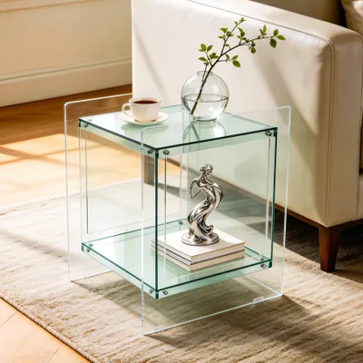 Immagine prodotto di Tavolino laterale in acrilico trasparente con spazio contenitivo, dimensioni 46 x 39,5 x 55 cm