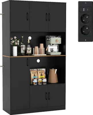 Produktbild von GOPLUS Küchenschrank Holz, freistehendes Hochregal mit 4 Schränken mit Türen, Ladesteckdosen & Kabeldurchführung, Vorratsschrank für Küche (Schwarz)