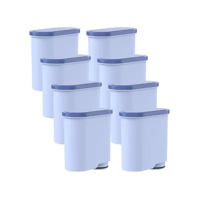 A group of eight light blue water filter cartridges with blue lids are arranged in a staggered pattern against a white background.