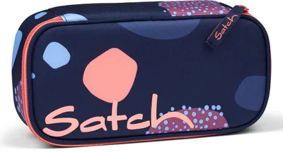 A navy blue pencil case with a colorful abstract pattern and the brand name 'Satch' printed on it.