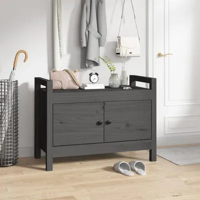 Image de Banc de rangement gris en bois massif de pin - 80x40x60 cm - Banc d'entrée et rangement à chaussures en un seul meuble