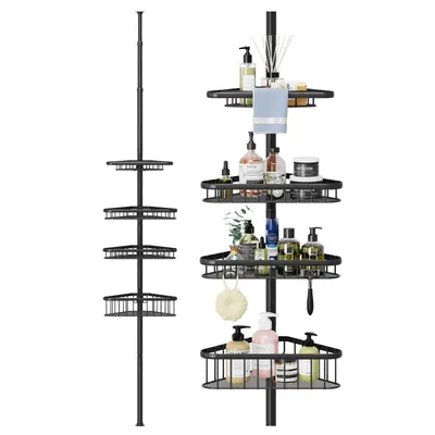 Produktbild von iropro Teleskop Duschregal ohne Bohren, Teleskopregal Bad mit 4 Duschkorb, Badregal höhenverstellbar von 98CM bis 287CM Schwarz