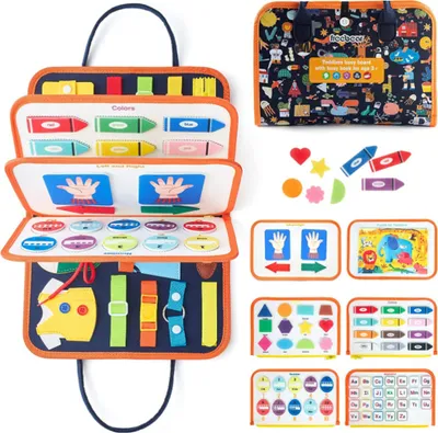 Produktbild von Busy Board, multifunktionales Aktivitätsbrett, Montessori-Spielzeug für 1-, 2-, 3-, 4- und 5-Jährige, Geschenke für Kleinkinder, die lernen, sich zu verkleiden, Alphabet, Zahlen, Farben und Formen zu erkennen