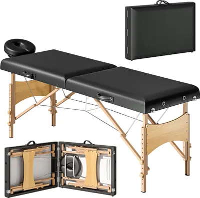 Produktbild von Höhenverstellbarer Massagetisch aus Holz, Klappbares Massagebett mit Schaumstoffpolsterung in Schwarz