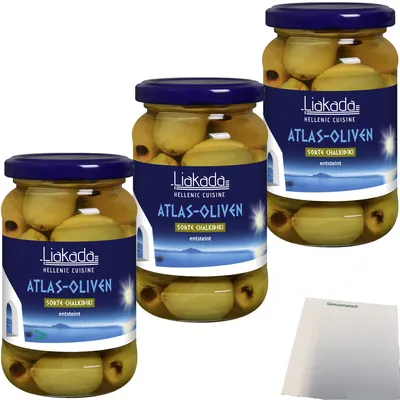 Produktbild von Liakada Atlas-Oliven Sorte Chalkidiki Entsteint 3er Pack (3x170g Glas) + usy Block