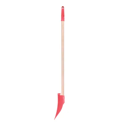 A snow shovel with a red scoop and a wooden handle with a red grip.