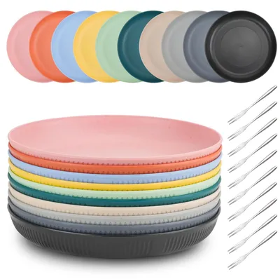 Produktbild von Kunststoffteller Set, 10 Melamin Teller mit 10 Fruchtgabeln, wiederverwendbar, für Camping und Picknick