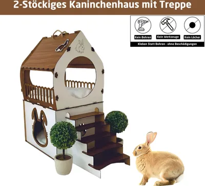Produktbild von XL Kaninchenhaus Hasenhaus Nagerhaus Kleintierhaus Kaninchenhütte Hasenhütte, zweistöckig mit Treppe, Indoor, Holz, robust & langlebig
