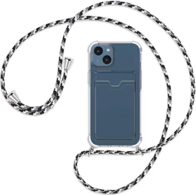 Produktbild von Handykette Backcover-Schutzhülle mit Band (Metall silberfarben) für Apple iPhone 14 (6.1'') - schwarz/grau/weiß