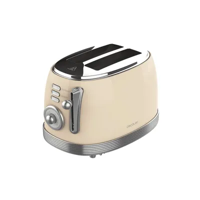 A studio shot of a beige retro-style toaster on a white background.