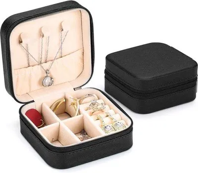 Obrázek produktu pro Mini peněženka na šperky – cestovní organizér na šperky – malá krabička na šperky – přenosné úložiště na šperky – na náušnice – náhrdelníky – náramky – černá