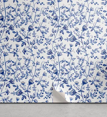 Zdjęcie produktu dla ABAKUHAUS Akwarelowa tapeta zrywalna i samoprzylepna do domu, długie gałązki kwiatów, samoprzylepna dekoracja do salonu lub kuchni, 33 cm x 90 cm, niebiesko-biała i niebieska