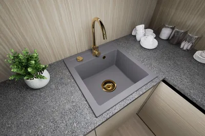 Produktbild von Granitspüle Küchenspüle Granit Siphon Gold Einbauspüle Spülbecken Spüle 49x52cm Grau