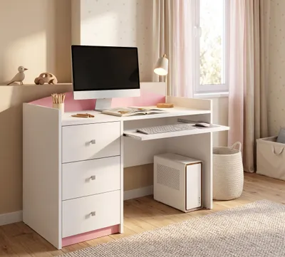 Produktbild von Schreibtisch Rosa für Kinder mit Motiv, Jugendschreibtisch Schülerschreibtisch mit viel Stauraum, PC-Tisch Lerntisch für Mädchen, KI-generiertes Bild