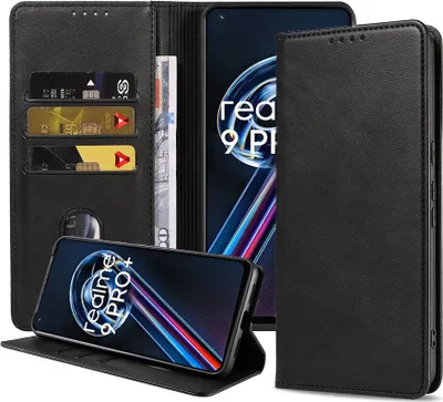 Produktbild von Smartphonica Handyhülle geeignet für Realme 9 Pro Plus Kunstlederhülle mit Magnetverschluss und Kartenhalter Buchhülle mit Klappe - Schwarz