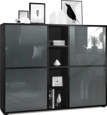 Produktbild von Vladon Highboard Cuba V3,  Germany, Schwarz matt/Grau Hochglanz - Moderne Anrichte mit 12 Fächern (130,5 x 105,5 x 35,5 cm)