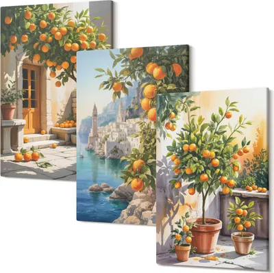 Produktbild von Wandbild – Leinwandbild – Leinwandbilder – Polycanvas – Kunstdruck – Modern – Panorama – Mehrteilig – 3-Teilig Set – Hochwertig – Lichtecht – Geruchslos – 20x30 Cm Je Element - Gemalte Zitrusfrüchte und Küstenlandschaften