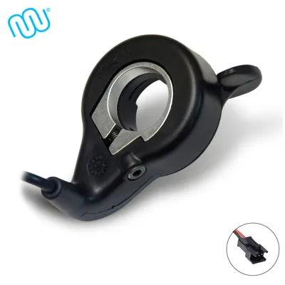 A close-up studio shot of a black throttle grip for an electric bike, mounted on a white background.
