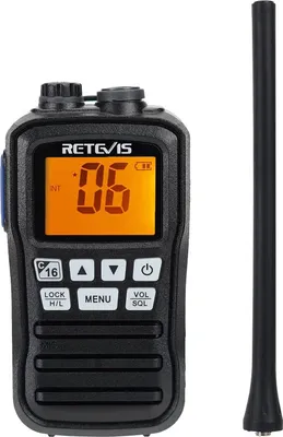A black Retevis RM01 marine walkie talkie with an orange display and an attached antenna, shown against a white background.