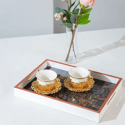 Immagine prodotto di Elegante vassoio da portata in legno con manici, vassoio decorativo rustico per caffè, tè e colazione, vassoio elegante dal design vintage, 29x21,5 cm