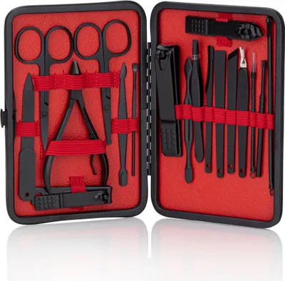 Produktbild von Set mit 18 Kosmetik-Accessoires für Maniküre, Pediküre und Gesichtsbehandlungen im schwarz-roten Etui - CC046