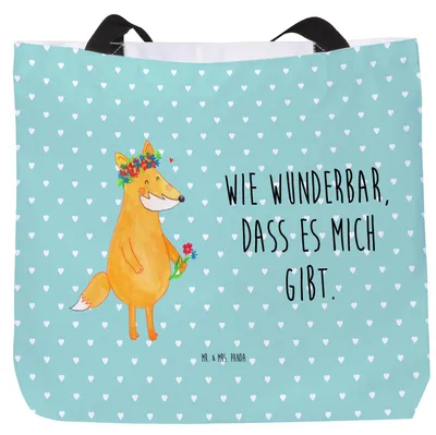 Produktbild von Mr. & Mrs. Panda Strandtasche Fuchs Blumen - Türkis Pastell - Geschenk, Liebe, Tasche, Fox, Selbstbewusst, Stoffbeutel, Boho, Ich, Reisetasche, Tote Bag, Tragetasche