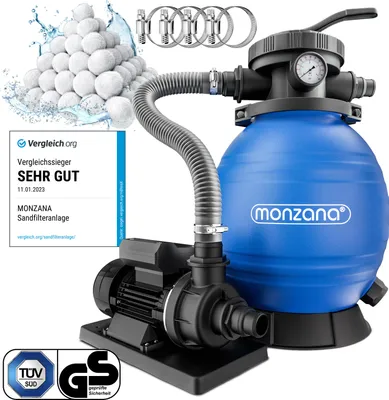 Image de MONZANA® Pompe filtre à sable 10,2 m³ auto-amorçante pour piscines jusqu’à 35 m³ boules 1kg vanne 7 voies raccord 2en1 Ø32-38mm système de filtration à sable