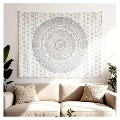 Produktbild von Mandala Wandteppich Silber Wandbehang Boho Ombre Wandtuch für die Dekoration von Zuhause und Wohnzimmer – 76 x 102 cm