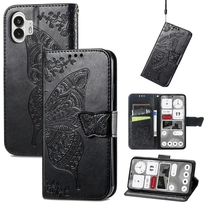 Image de Étui de téléphone en similicuir pour Nothing Phone 2, motif papillon, noir