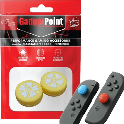 Produktbild von Thumbgrips - Thumb Grips voor Nintendo Switch Joy-Con Controllers - Gaming Thumbgrips - Performance Anti-Slip Thumbsticks - Bescherming Accessoires - Bloemetjes - Geel met Wit -