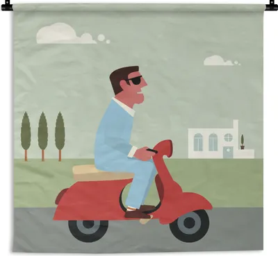 Produktbild von MuchoWow® Wandteppich Wandbehang Illustration eines Mannes auf einer roten Vespa 150x150 cm Tapisserie Dekoration Wandtuch - Wohnaccessoires - Modernes