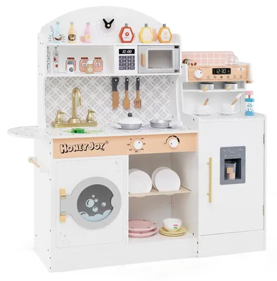 Productafbeelding van Kindercookset met 27 accessoires, houten speelkeuken met klok, magnetron, spoelbak, ijsmachine en koffiezetapparaat, afwasrek en wasmachine. Speelgoedkeuken voor kinderen, wit
