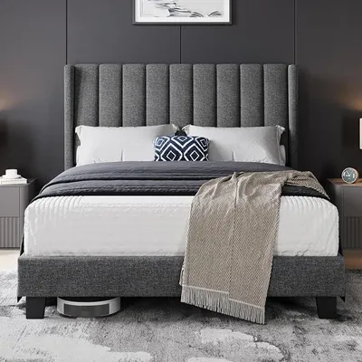 Produktbild von Polsterbett 140 x 200 cm Bettrahmen Stabiles Doppelbett Familienbett Gepolstertes Bettgestell Bett mit Stauraum für Schlafzimmer Gästezimmer, Dunkelgrau | Familienbett Gepolstertes Bettgestell Bett mit Stauraum für Schlafzimmer Gästezimmer