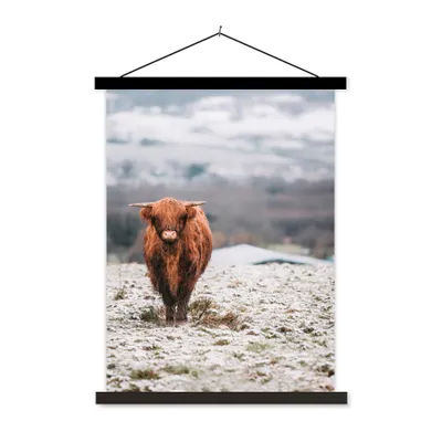 Produktbild von MuchoWow® Textilposter Schottischer Highlander - Schnee - Berg 90x120 cm mit schwarzem Rahmen - Dekoration