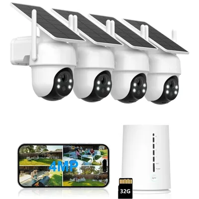 Image de 4MP caméra de surveillance extérieure solaire batterie 4er Set avec HomeBase 360° panoramique avec 2K couleur vision nocturne 365 jours avec 32GB mémoire locale caméra sans fil