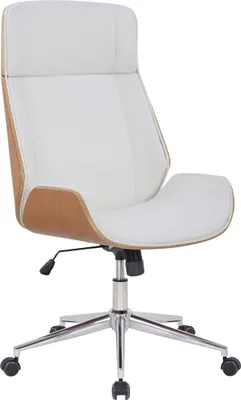 A white and wood office chair with a chrome base.
